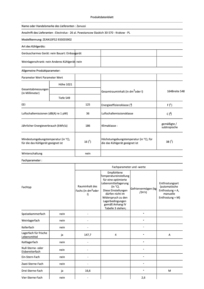 Page n°1 - Fiche technique Zanussi ZEAN10FS2