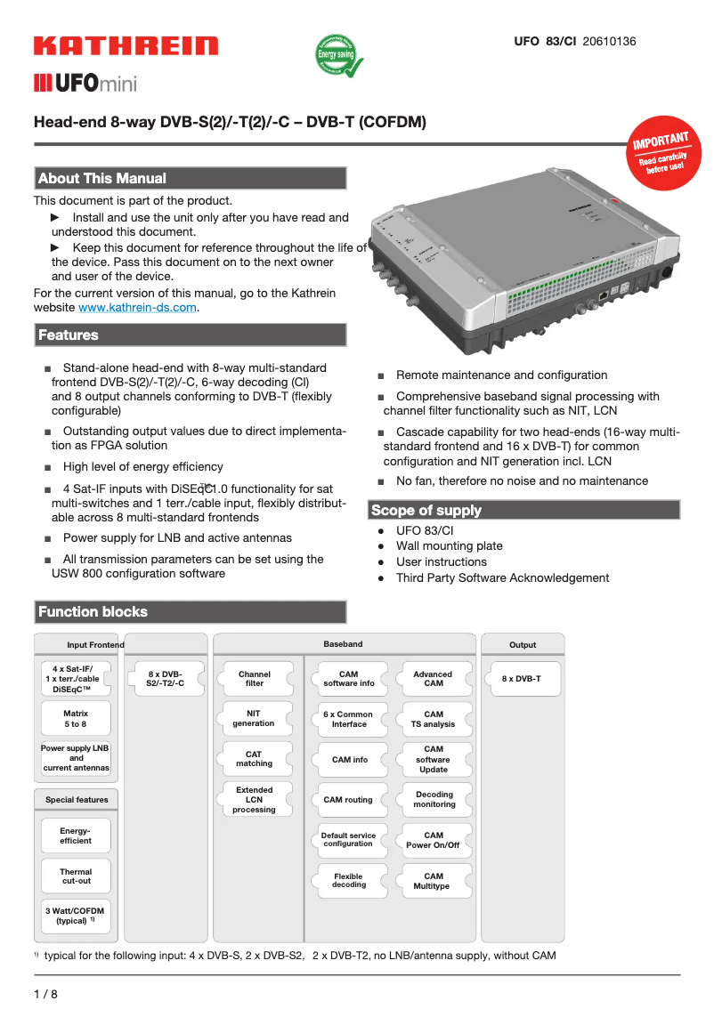 Page n°1 - Manuel utilisateur Kathrein UFO 83/CI