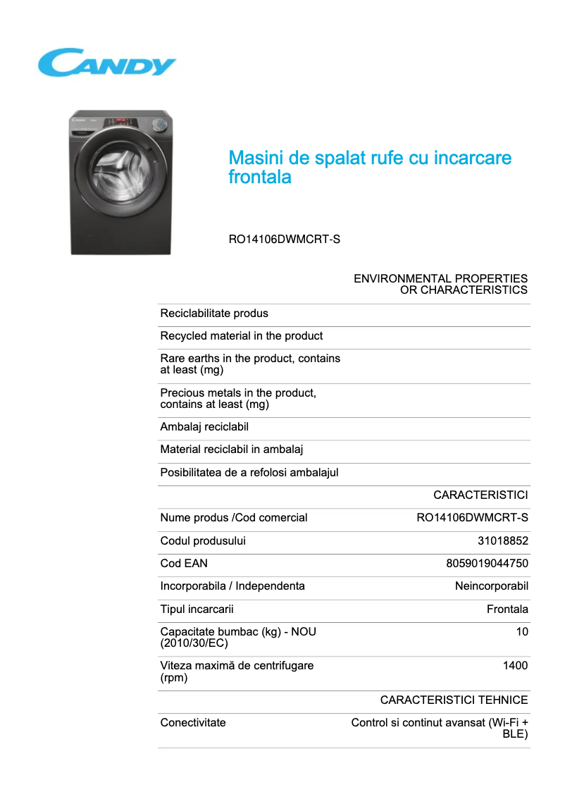 Page 1 de la notice Fiche technique Candy RO14106DWMCRT-S