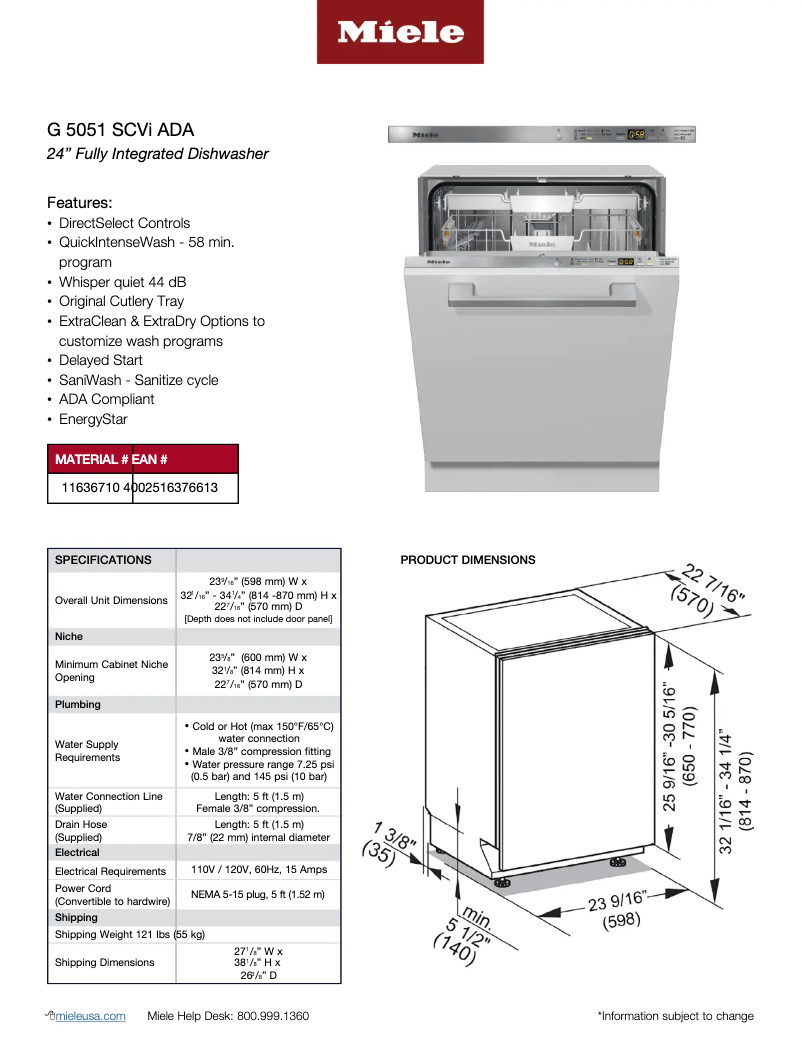 Page 1 de la notice Fiche technique Miele G 5051 SCVi