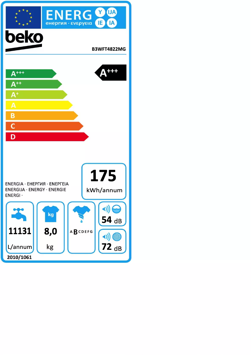 Page 1 de la notice Label énergétique Beko B3WFT4822MG