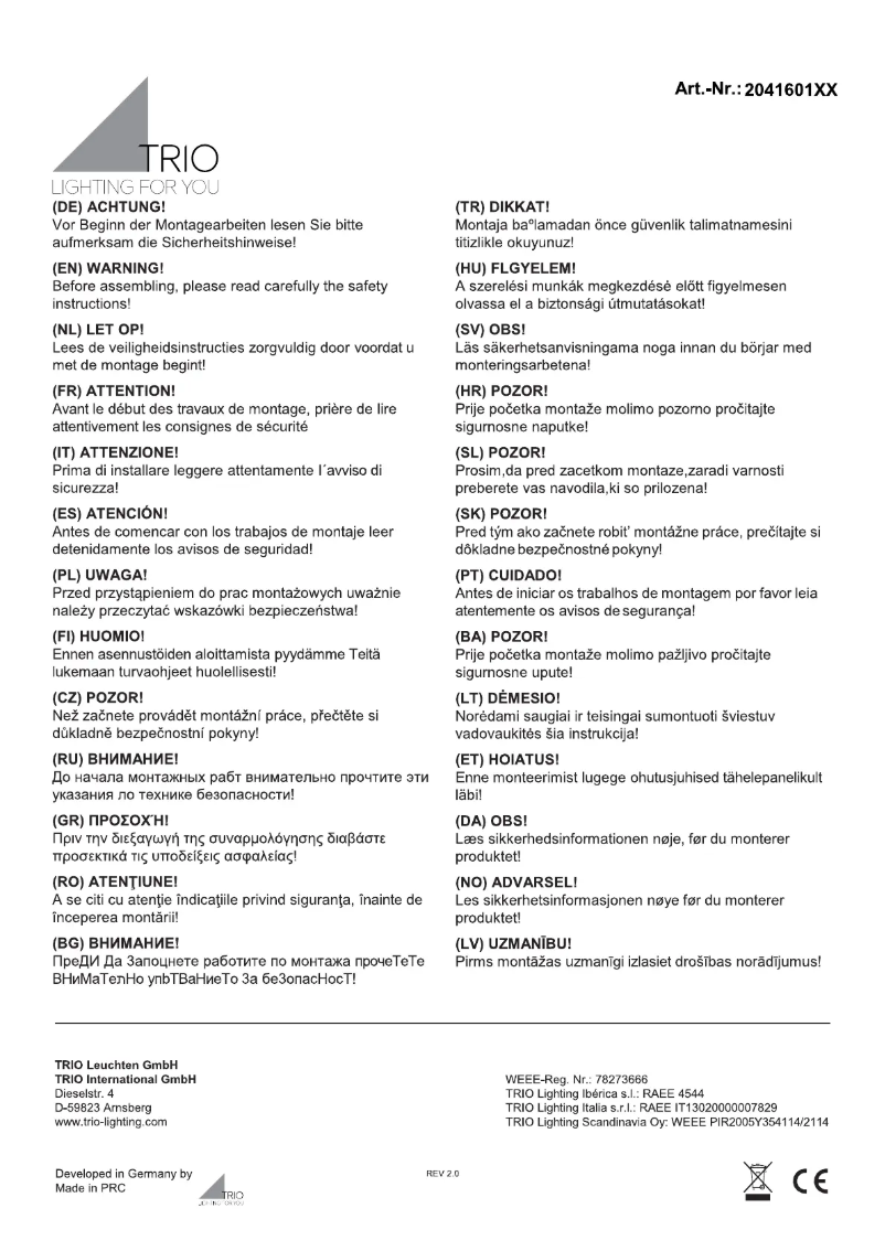 Page 1 de la notice Manuel utilisateur Trio Lighting Sambesi 204160124