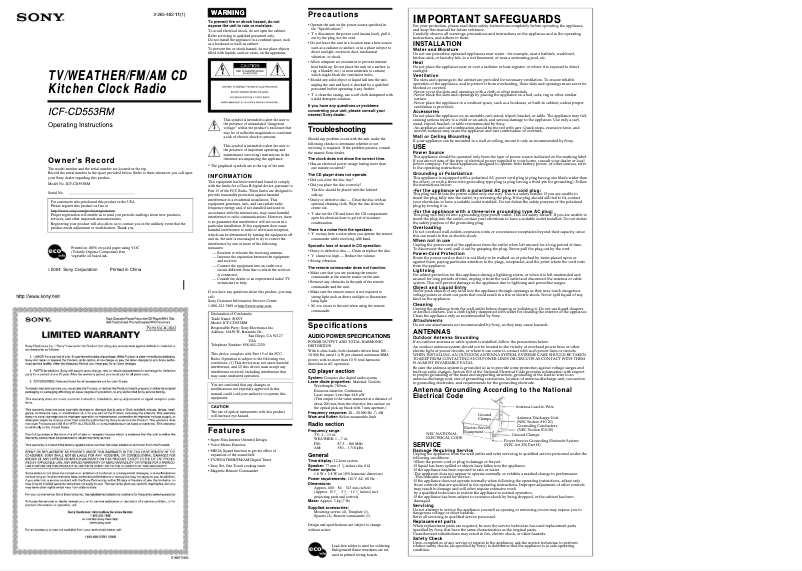Page 1 de la notice Manuel utilisateur Sony ICF-CD553RM