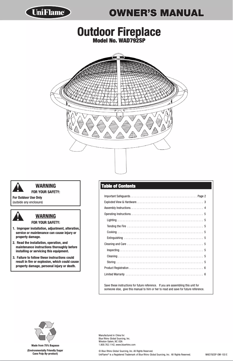 Page 1 de la notice Manuel utilisateur Blue Rhino WAD792SP