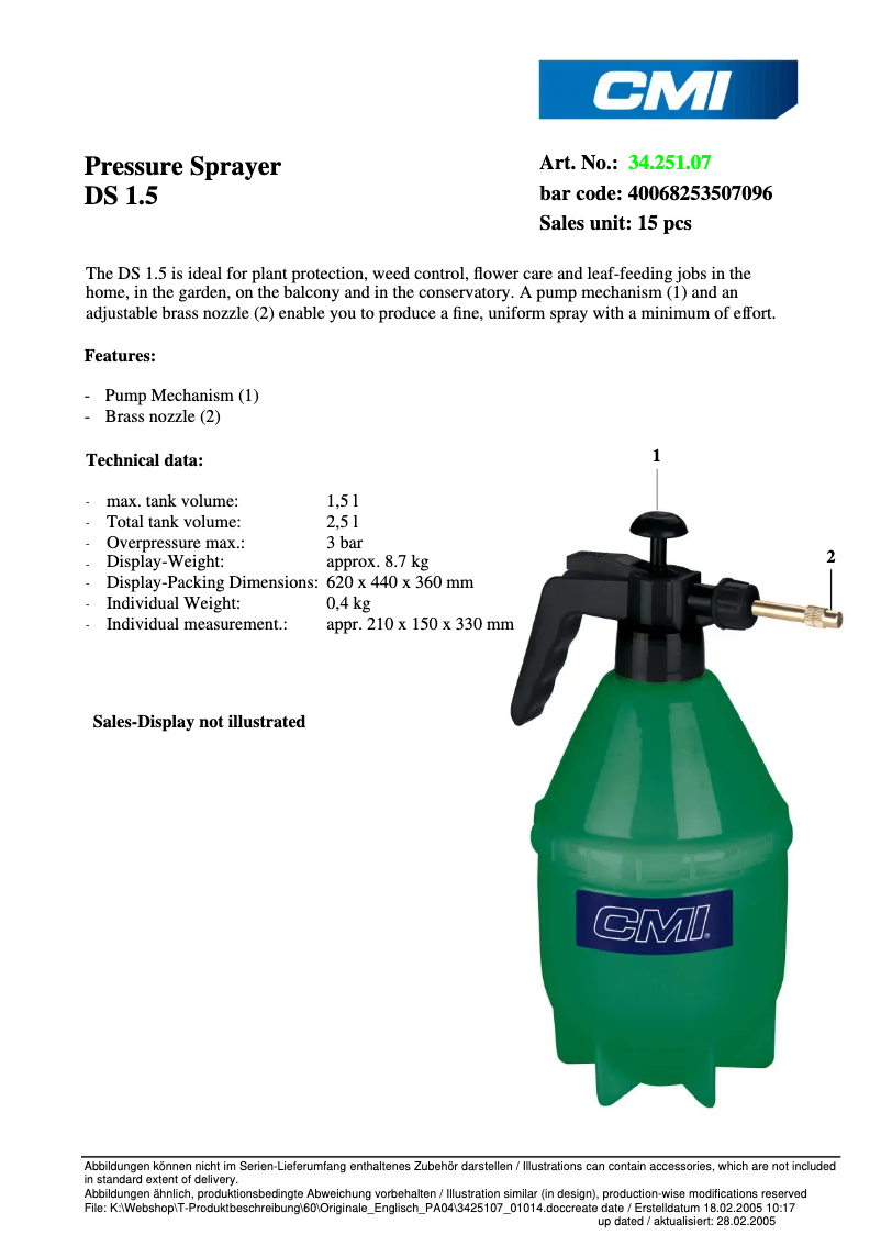 Page 1 de la notice Fiche technique CMI DS 1,5