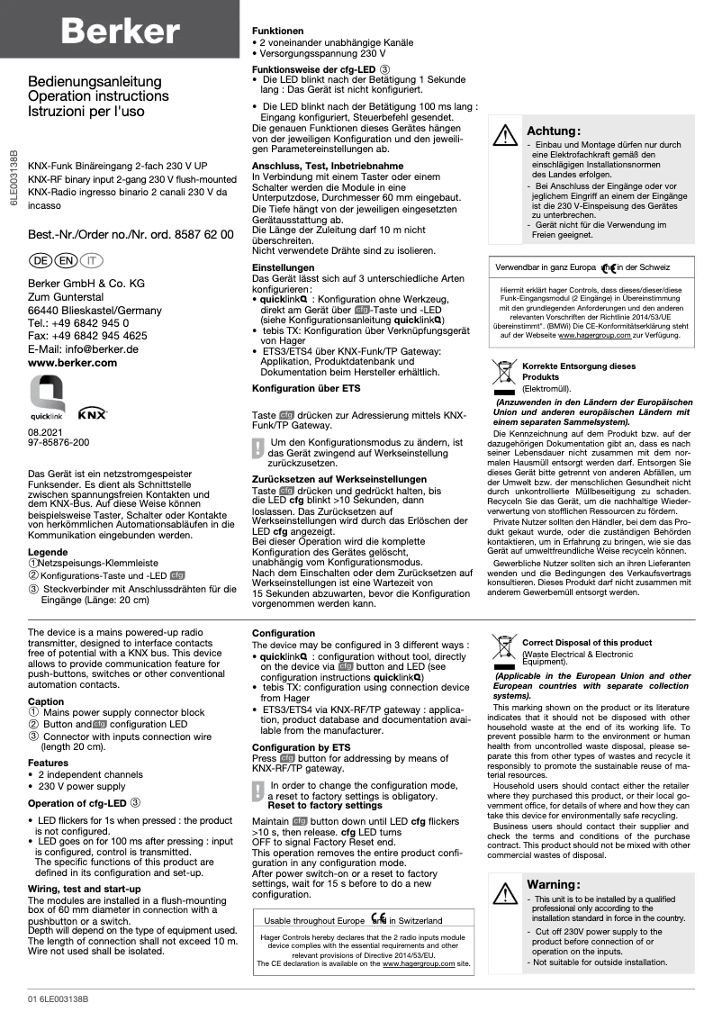 Page 1 de la notice Manuel utilisateur Berker 85876200