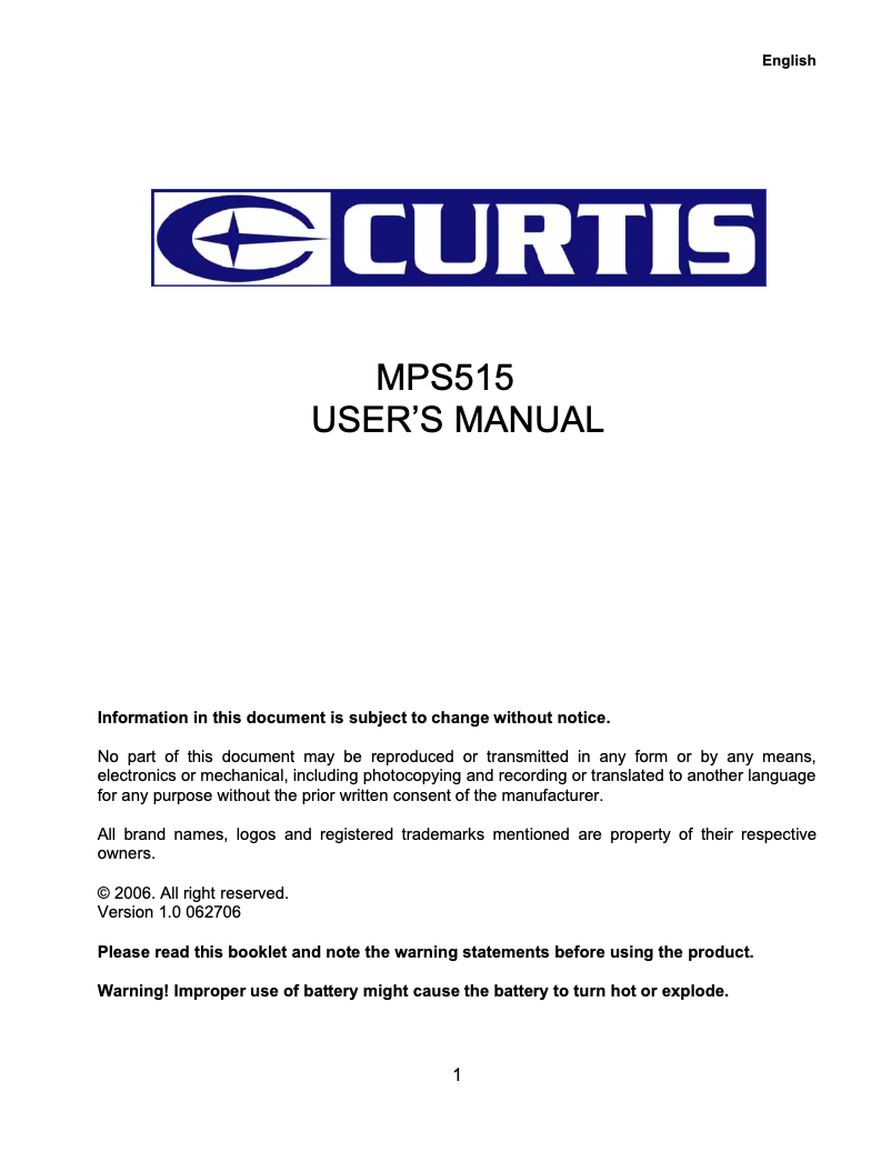 Page n°1 - Manuel utilisateur Curtis MPS515