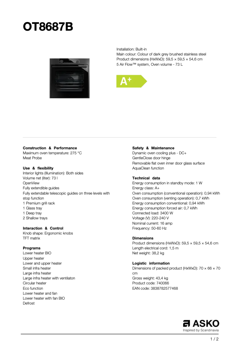 Page 1 de la notice Fiche technique Asko OT8687B