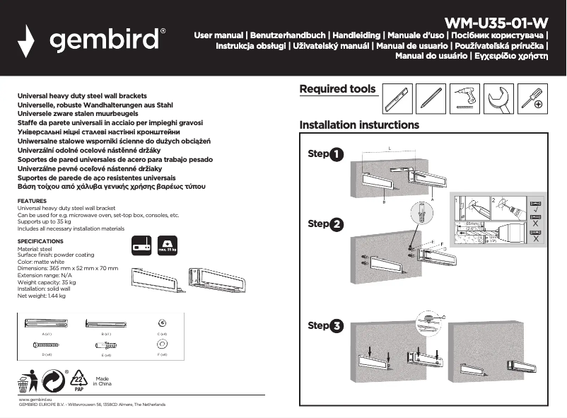 Page n°1 - Manuel utilisateur Gembird WM-U35-01-W