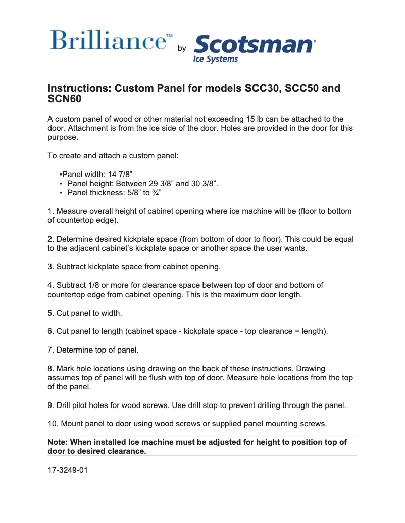 Page 1 de la notice Instructions / montage Scotsman DCE33PA1SSD