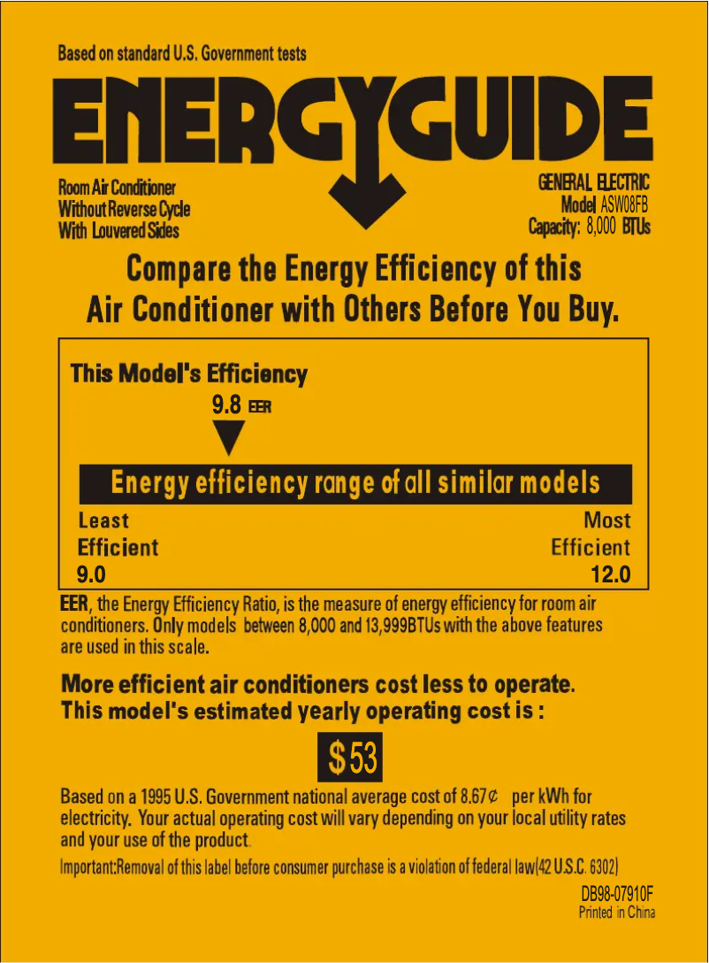 Page 1 de la notice Label énergétique GE ASH06LB