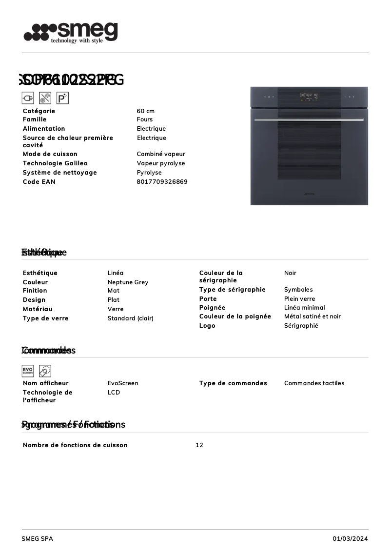 Page n°1 - Fiche technique Smeg SOP6102S2PG