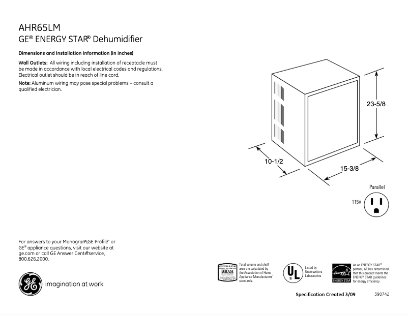 Page 1 de la notice Fiche technique GE AHR65LM