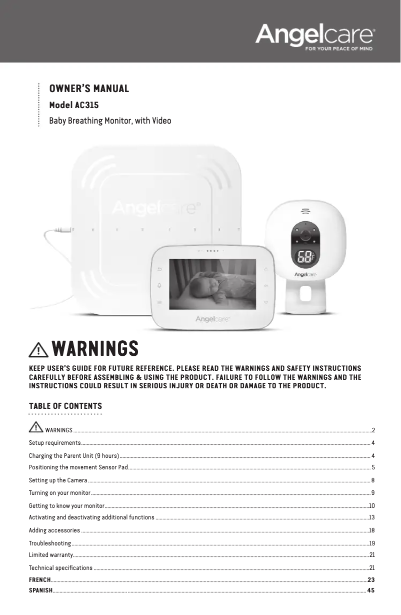 Page 1 de la notice Manuel utilisateur Angelcare AC315