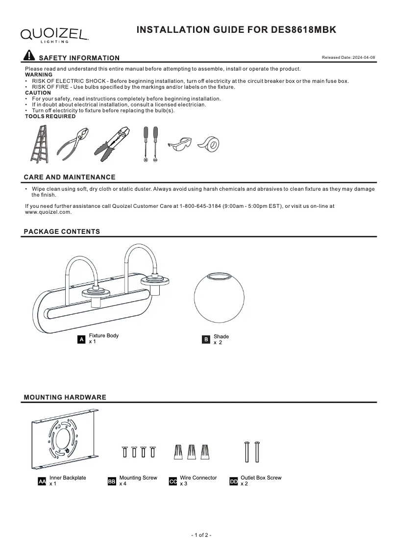 Page n°1 - Manuel utilisateur Quoizel Desmond DES8618MBK