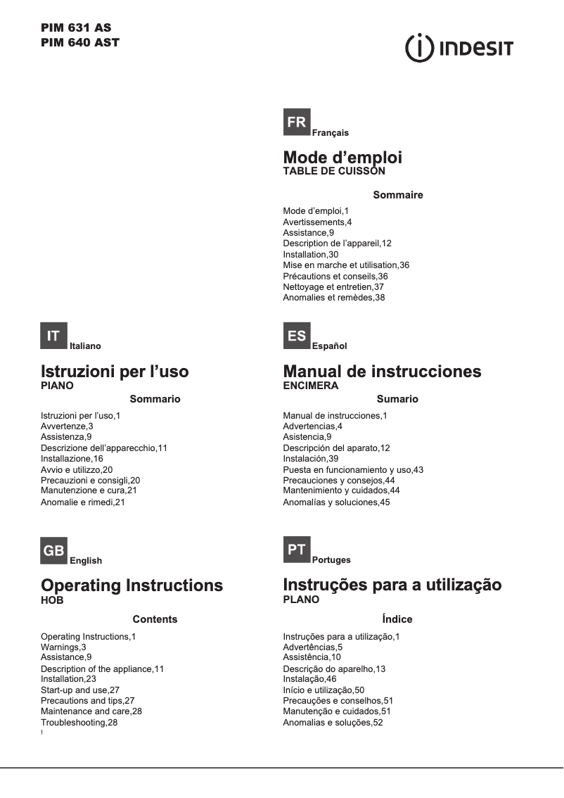 Page n°1 - Manuel utilisateur Indesit PIM 631
