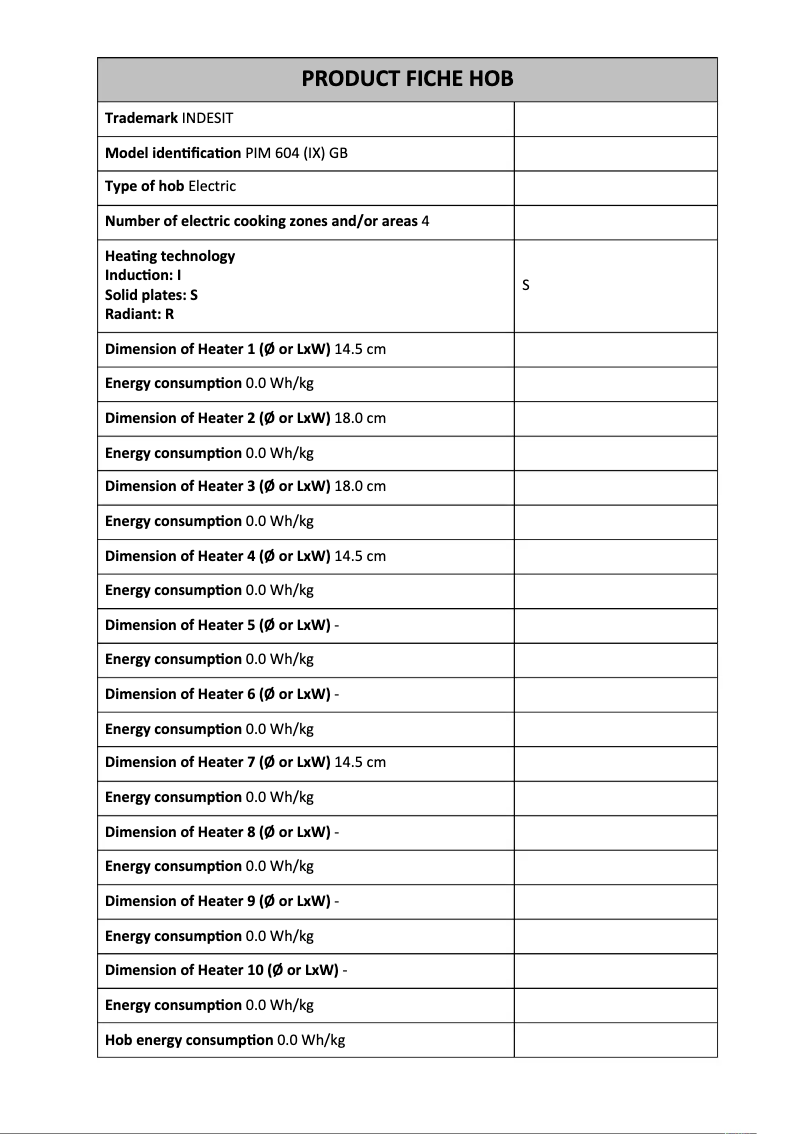 Page n°1 - Fiche technique Indesit PIM 604 (IX) GB