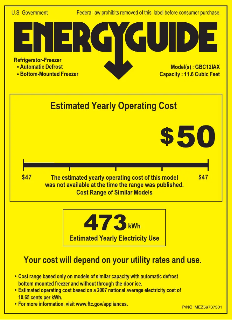 Page 1 de la notice Label énergétique GE GBC12IAXRSS