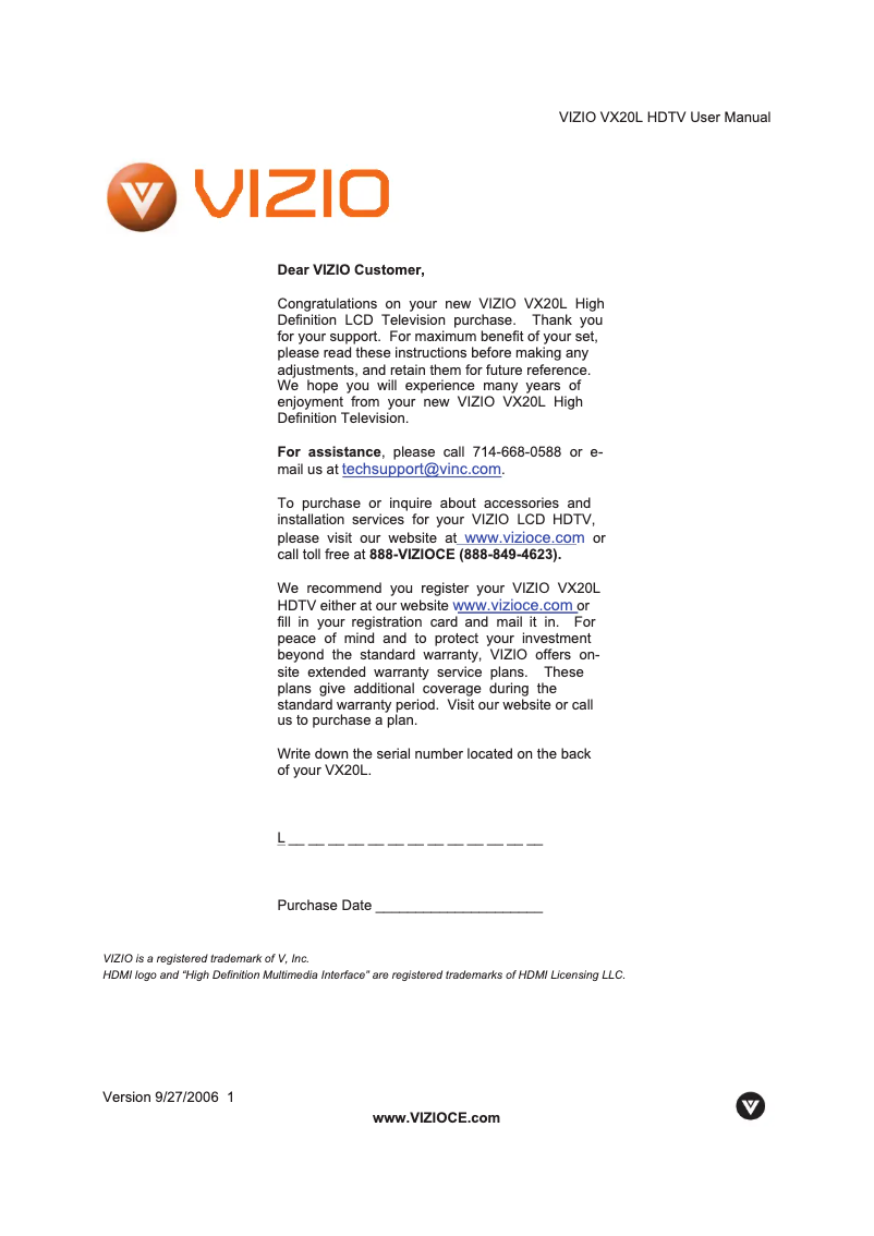 Page n°1 - Manuel utilisateur VIZIO VX20L