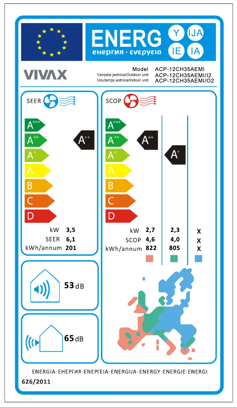 Page 1 de la notice Label énergétique Vivax ACP-12CH35AEMI