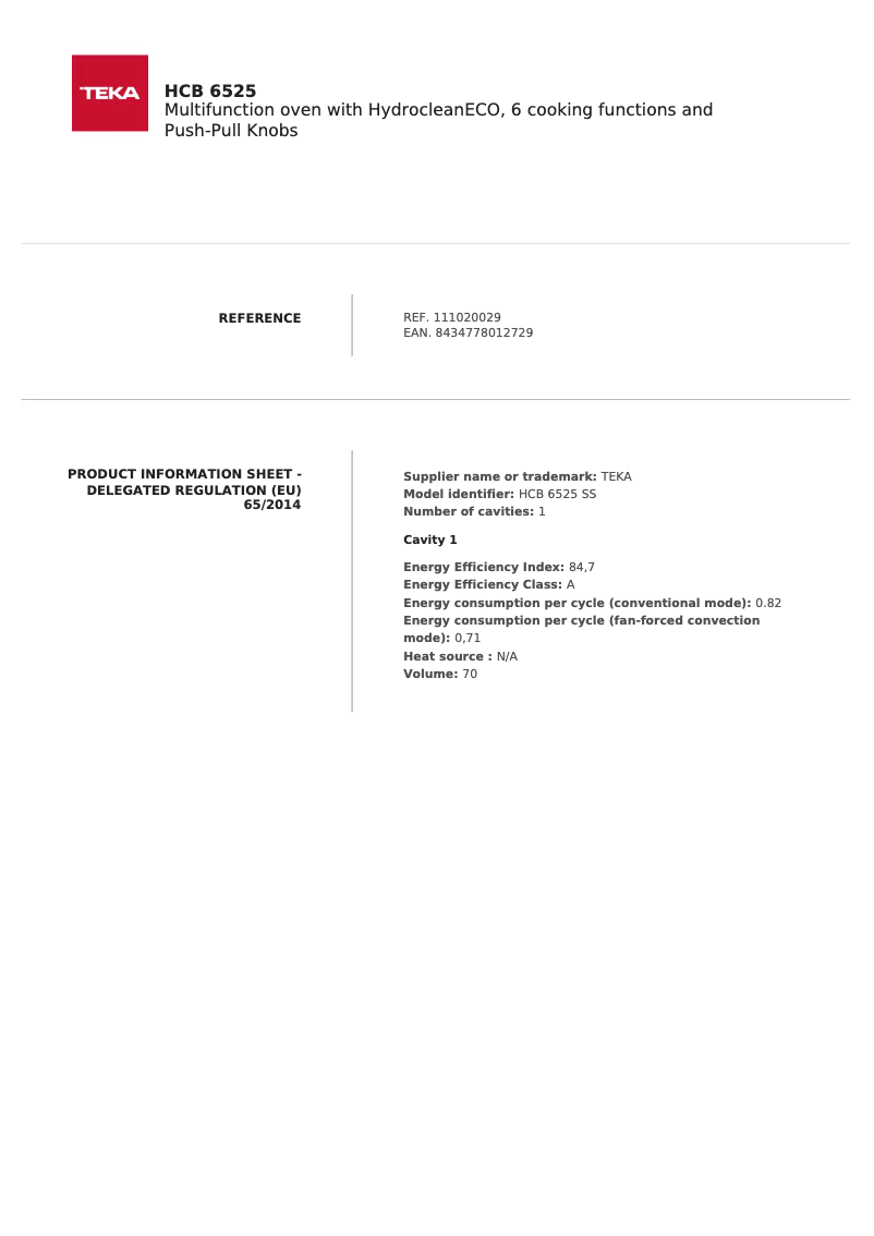 Page 1 de la notice Fiche technique Teka HCB 6520