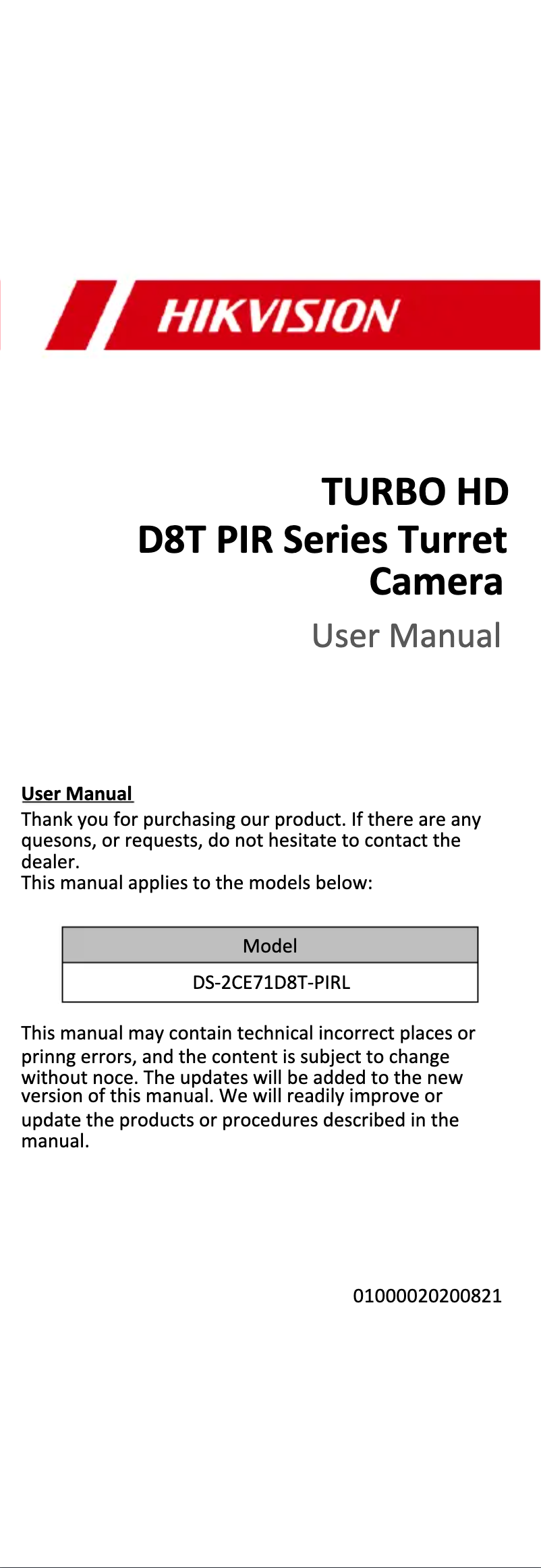 Page 1 de la notice Manuel utilisateur Hikvision DS-2CE71D8T-PIRL