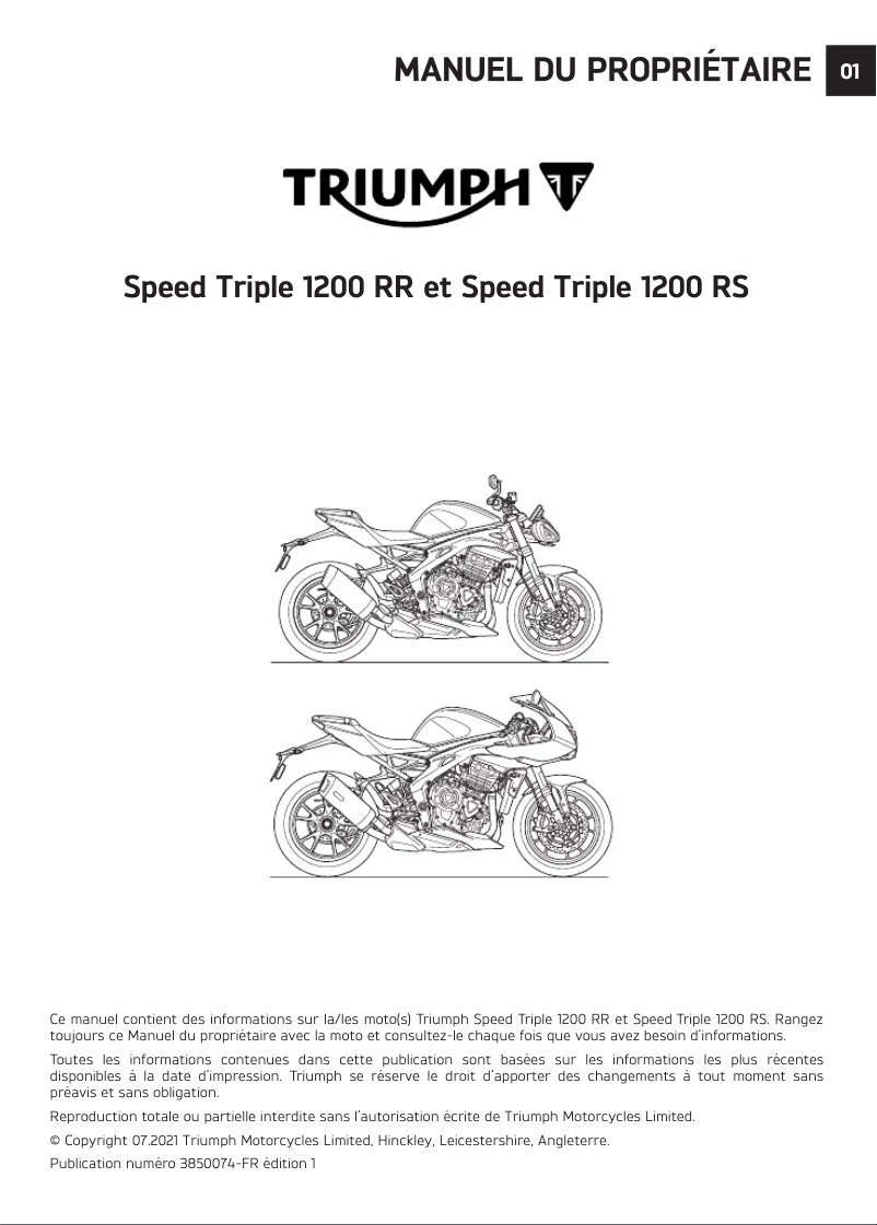 Image de la première page du manuel de l'appareil Speed Triple 1200 RR (2021)