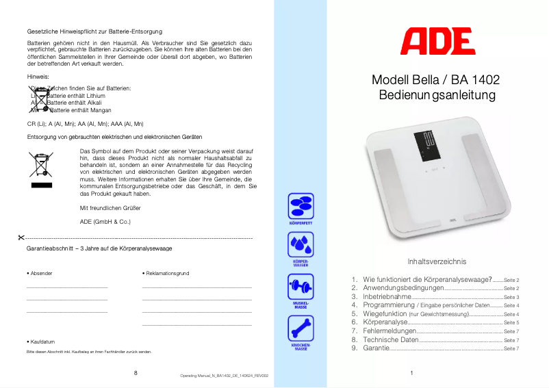 Page n°1 - Manuel utilisateur ADE Bella BA 1402