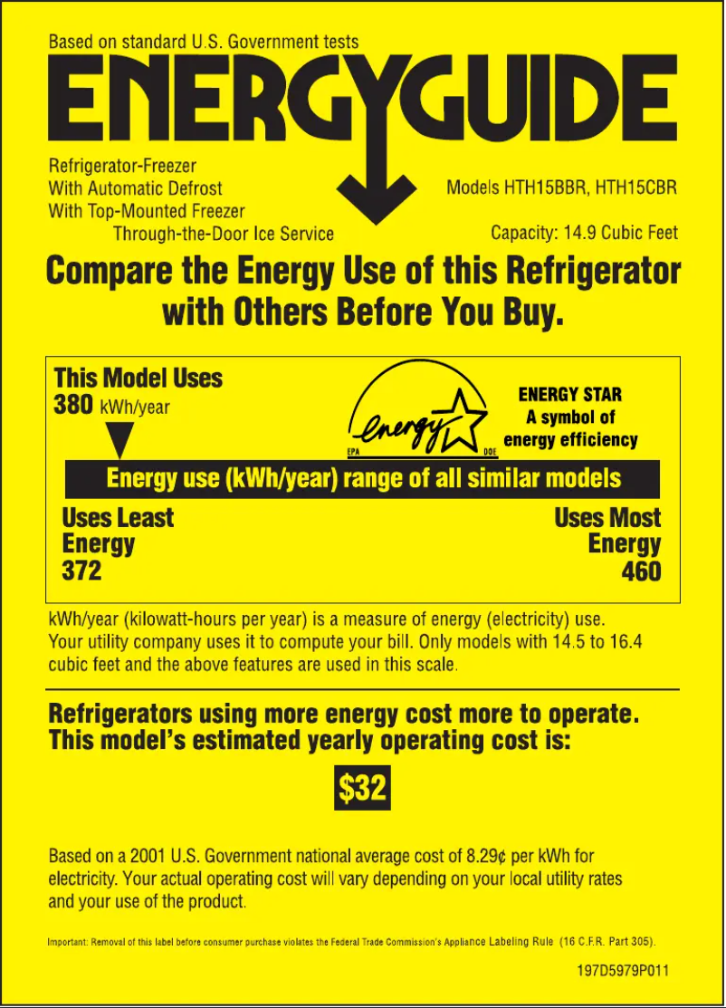 Page 1 de la notice Label énergétique Hotpoint HTH15BBRRWW