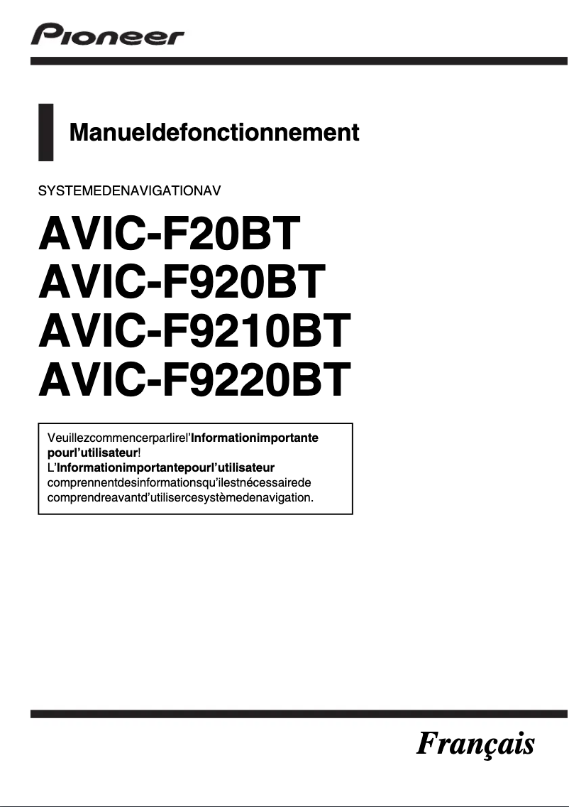 Page 1 de la notice Manuel utilisateur Pioneer AVIC-F920BT