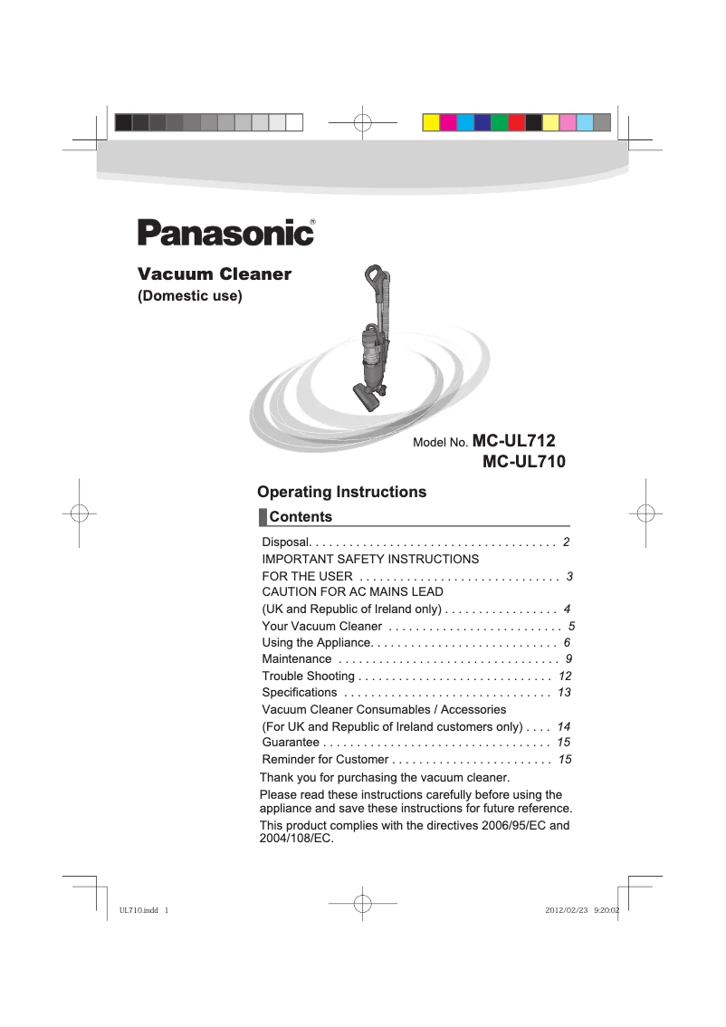 Page n°1 - Manuel utilisateur Panasonic MC-UL710
