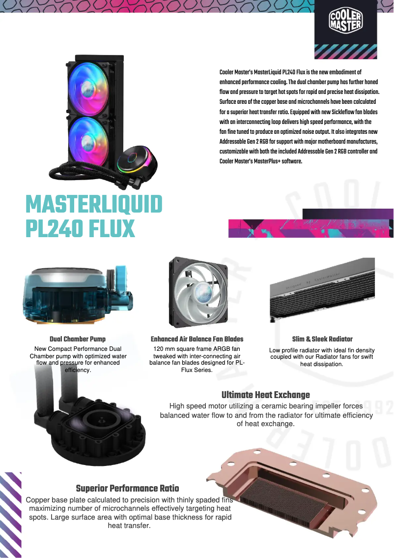 Page 1 de la notice Fiche technique Cooler Master MasterLiquid PL240 Flux