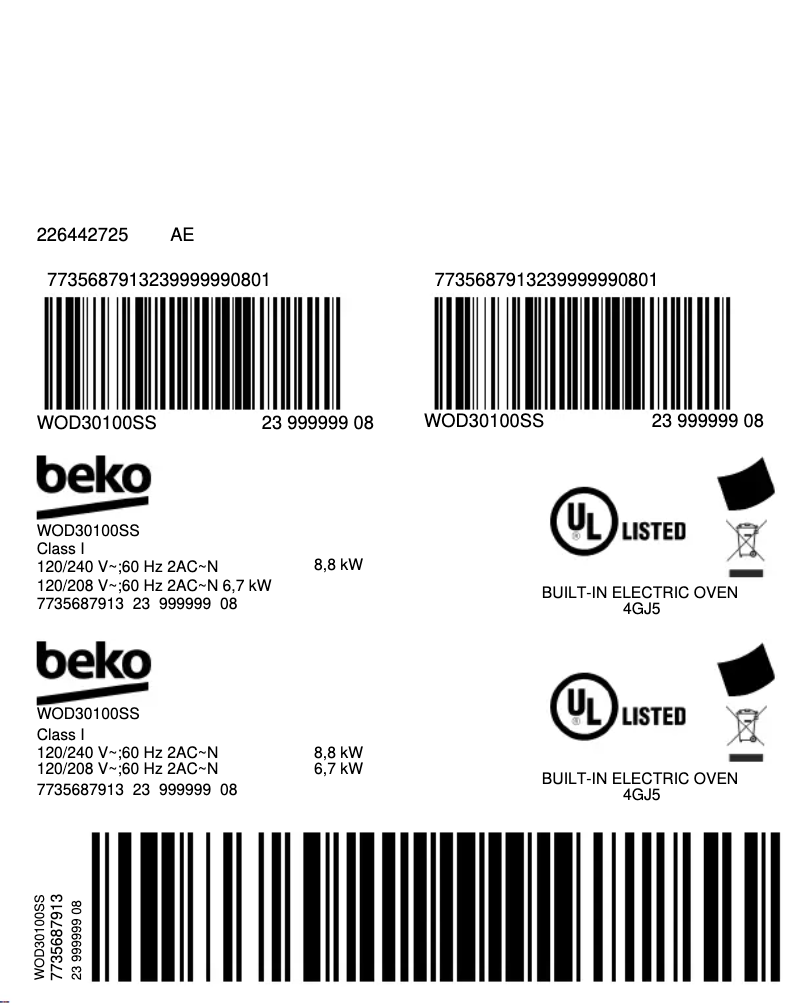 Page n°1 - Label énergétique Beko WOD30100SS