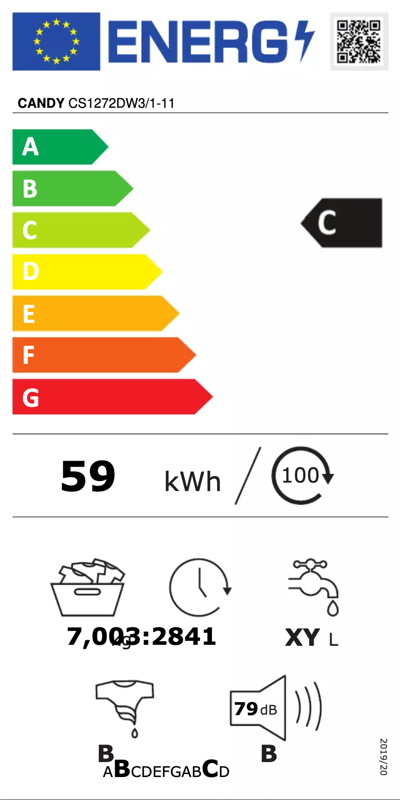 Page 1 de la notice Label énergétique Candy CS1272DW3/1-11