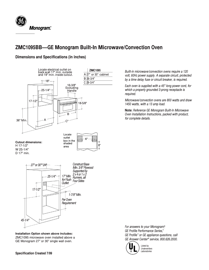 Page 1 de la notice Fiche technique GE ZMC1095BB