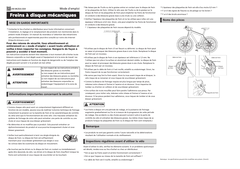 Page 1 de la notice Manuel utilisateur Shimano BR-CX77