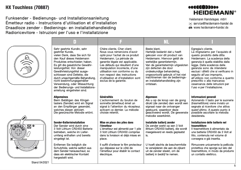 Imagen de la primera página del manual del dispositivo HX Touchless 70887