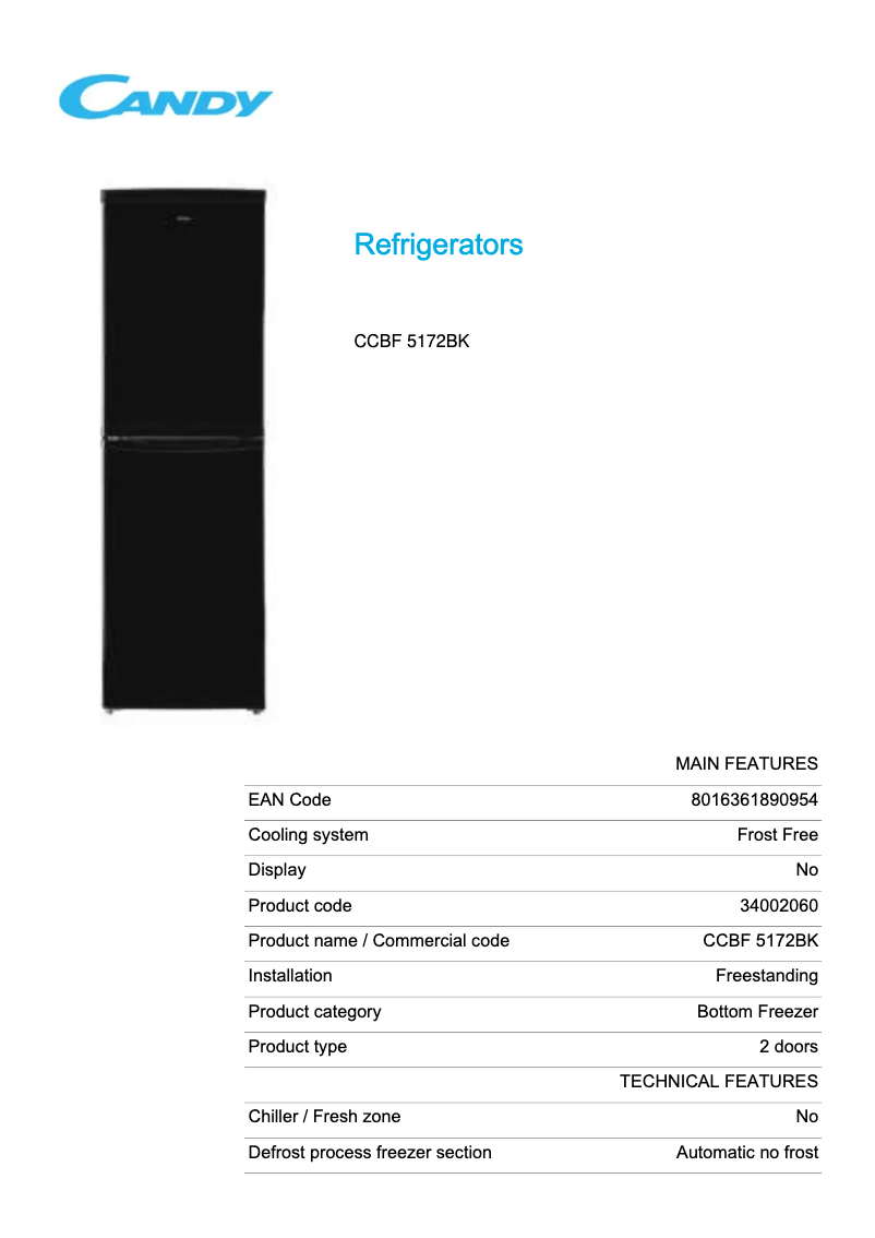 Page 1 de la notice Fiche technique Candy CCBF 5172BK