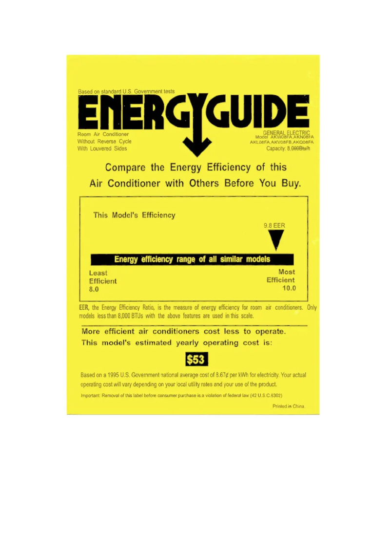 Page n°1 - Label énergétique GE AKN08FA