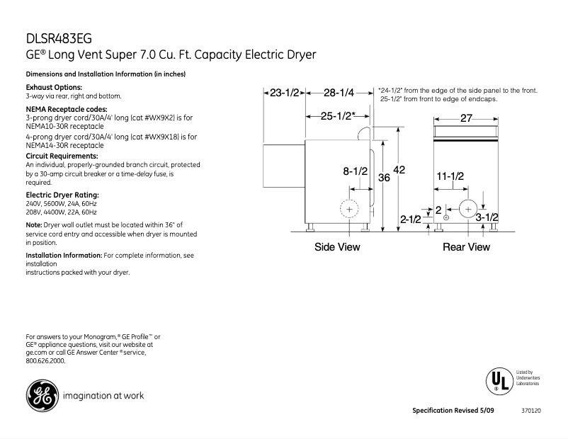 Page 1 de la notice Fiche technique GE DLSR483EGWW