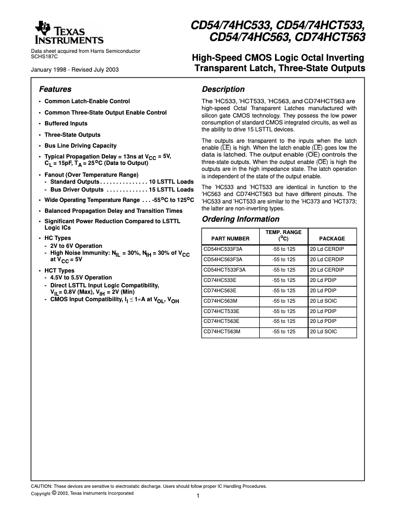 Page 1 de la notice Manuel utilisateur Texas Instruments CD74HC533E
