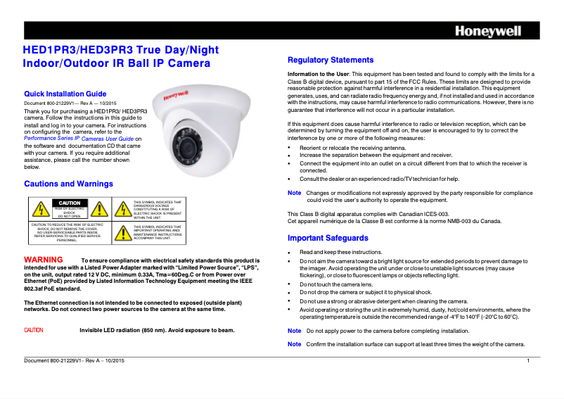 Page n°1 - Manuel utilisateur Honeywell HED3PR3