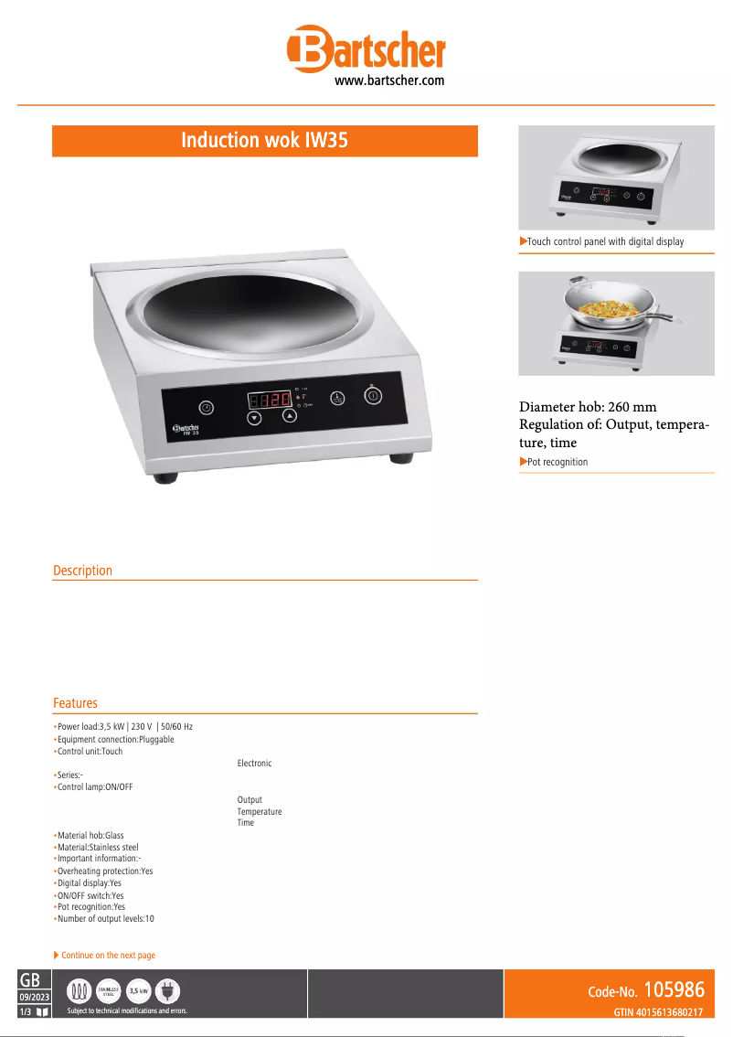 Page n°1 - Fiche technique Bartscher IW35