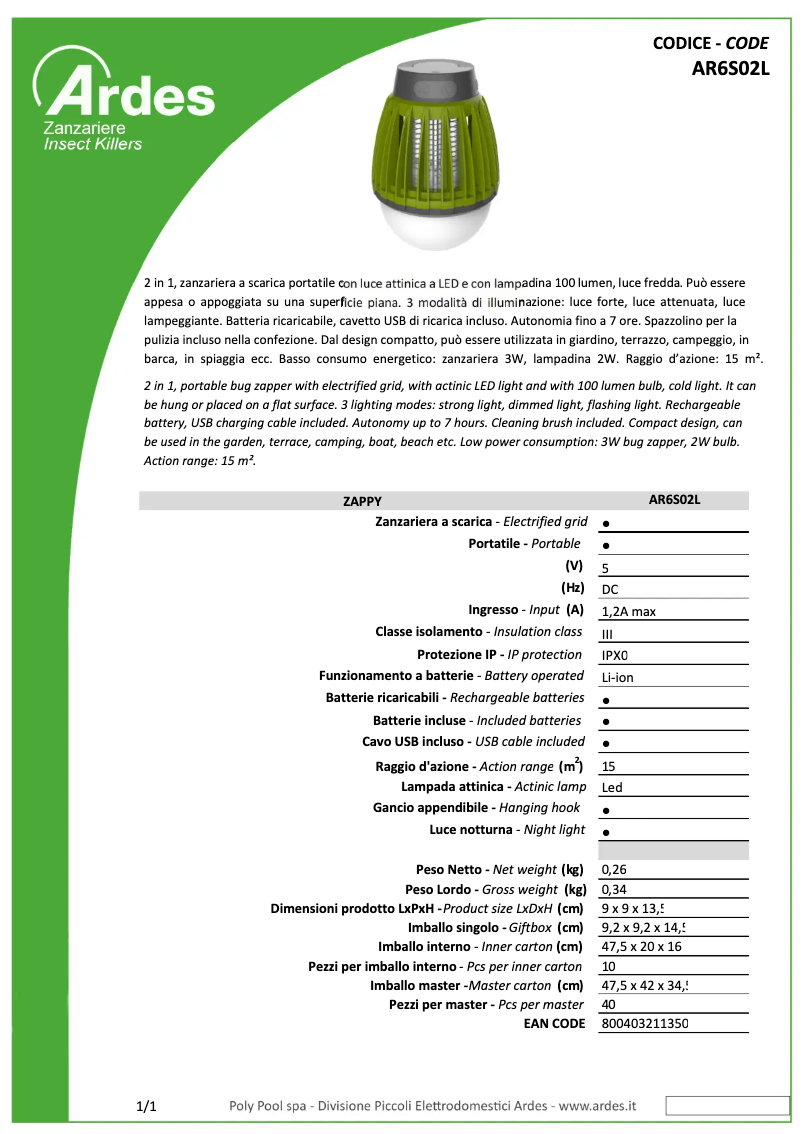 Page n°1 - Fiche technique Ardes AR6S02L