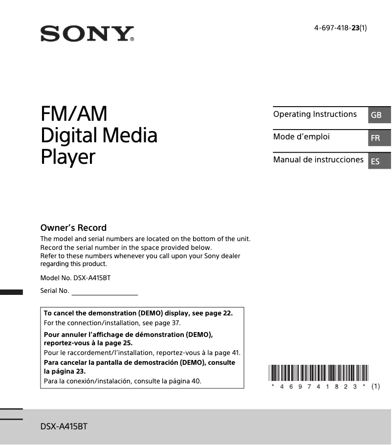 Page 1 de la notice Manuel utilisateur Sony DSX-A415BT