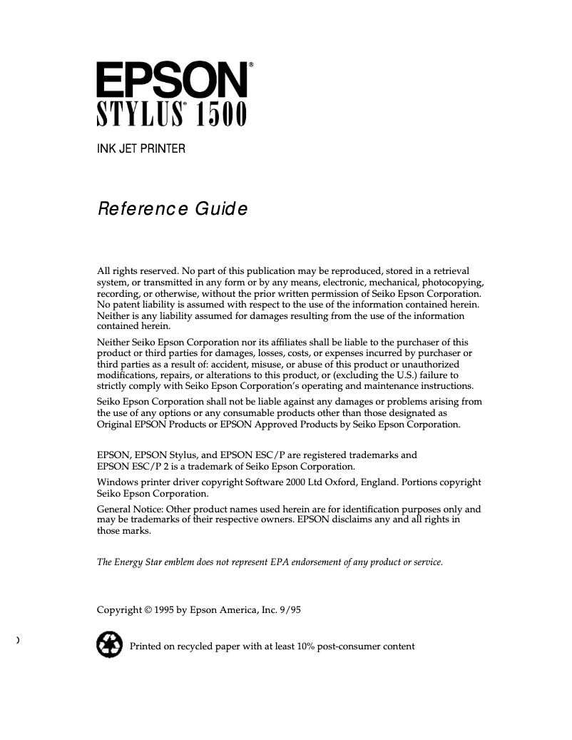 Page 1 de la notice Manuel utilisateur Epson Stylus 1500