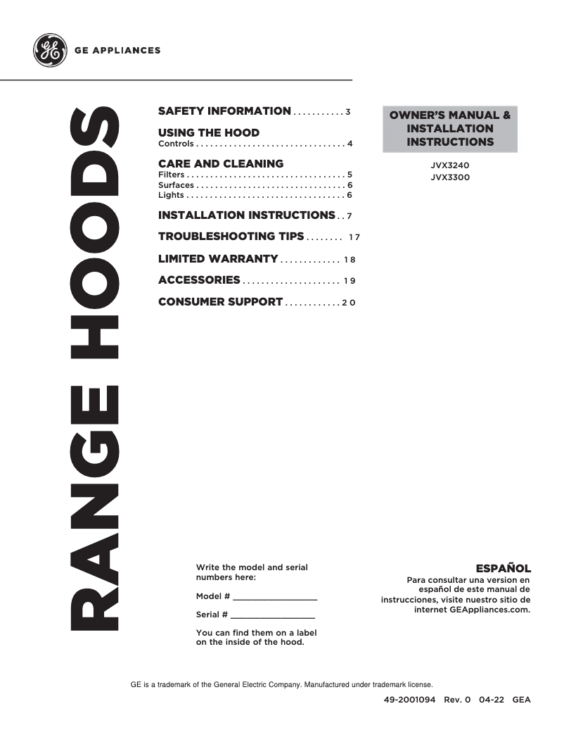 Imagen de la primera página del manual del dispositivo JVX3240SJSS