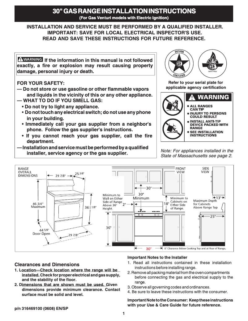 Page n°1 - Guide d'installation Frigidaire FGF319KS