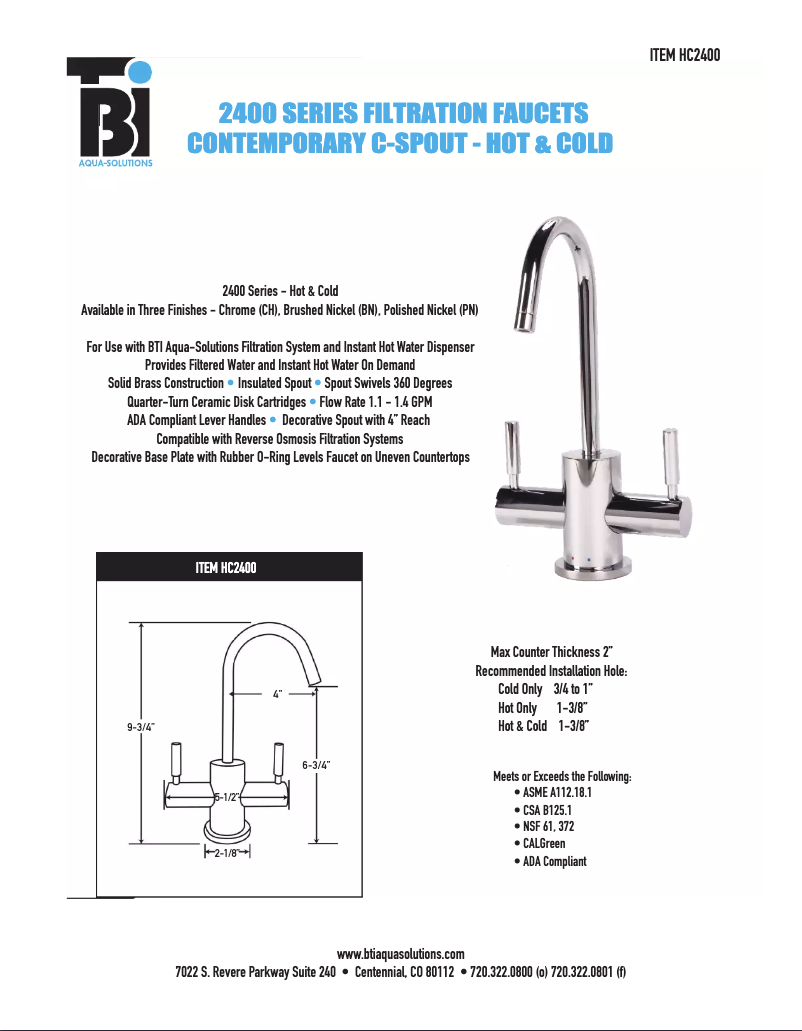Page n°1 - Fiche technique BTI Aqua-Solutions HC2400