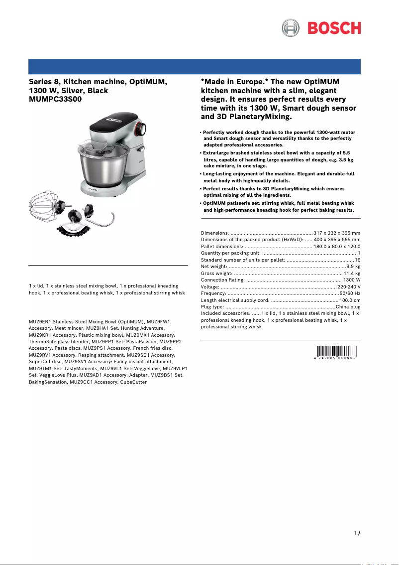 Page n°1 - Fiche technique Bosch OptiMUM MUMPC33S00